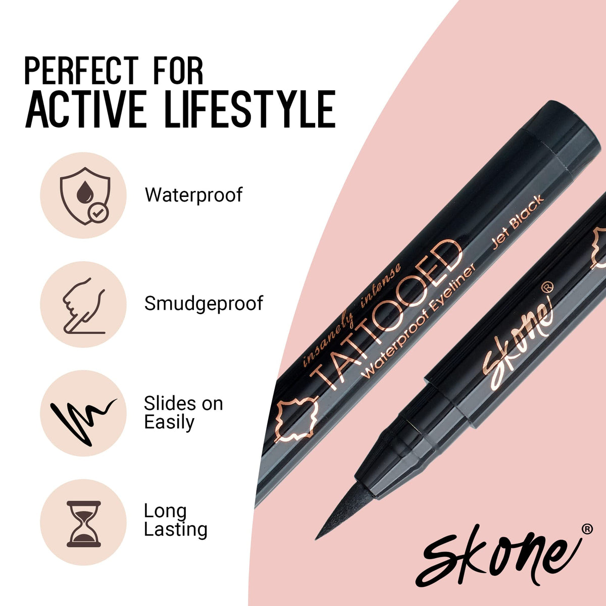 Skone pen stroke on paper displaying intense black pigment for one-swipe color