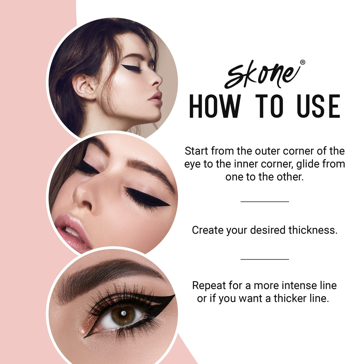 Skone winged eye application showing clean cat-eye for lasting definition