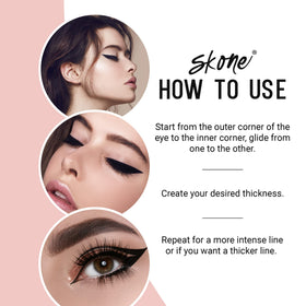 Skone winged eye application showing clean cat-eye for lasting definition