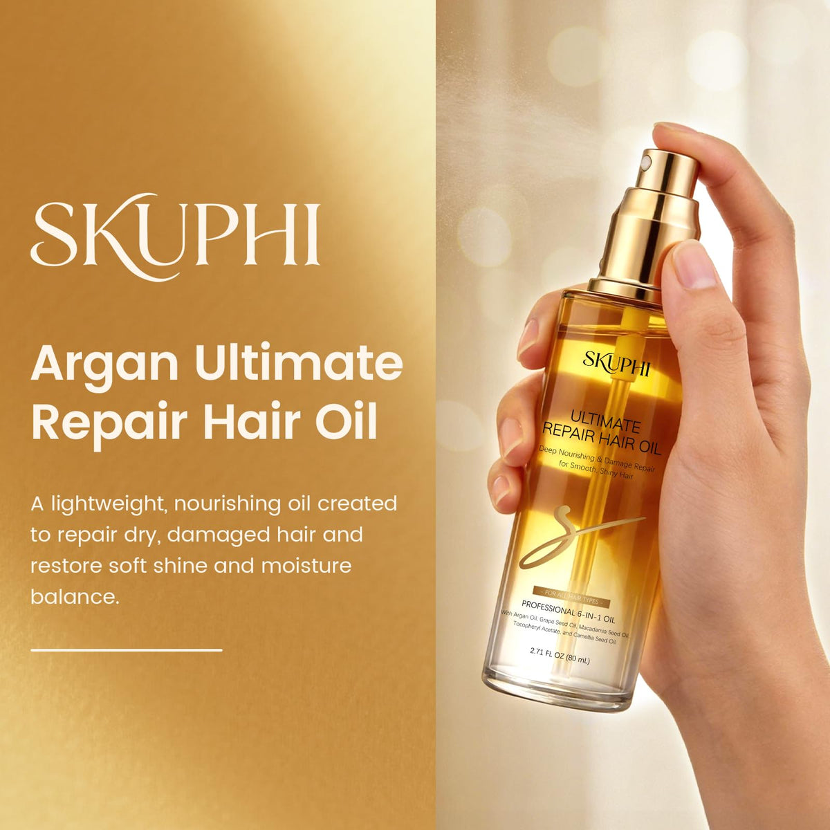 SKUPHI applying spray to damp hair demonstrating frizz control and shine