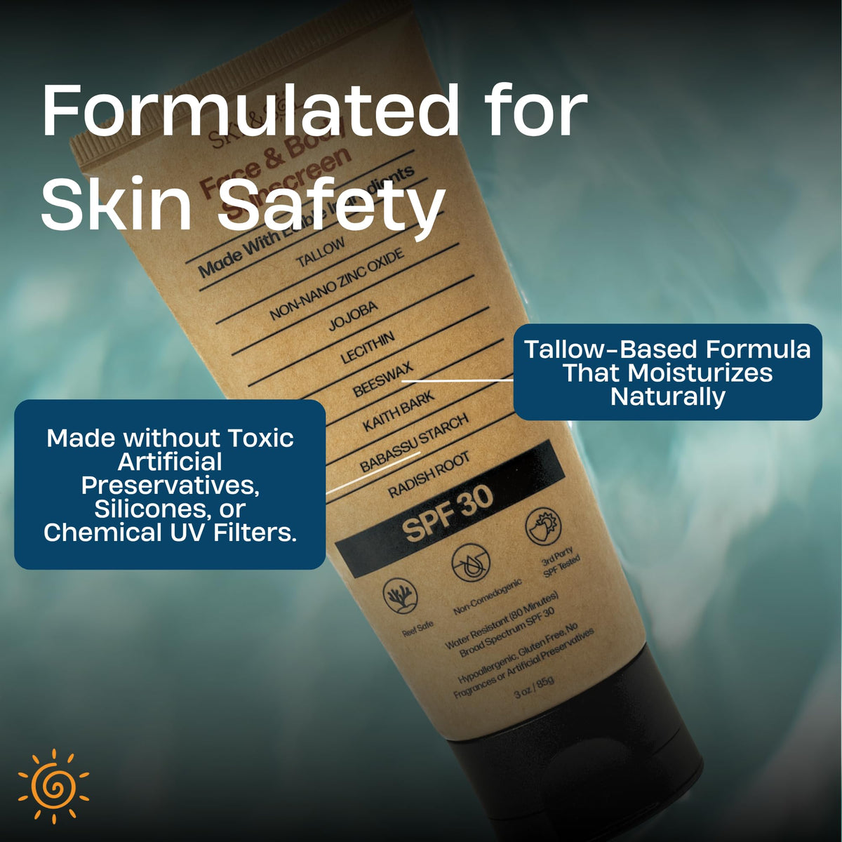Sky and Sol lifestyle beach use on active person illustrating reef-safe, water-resistant protection