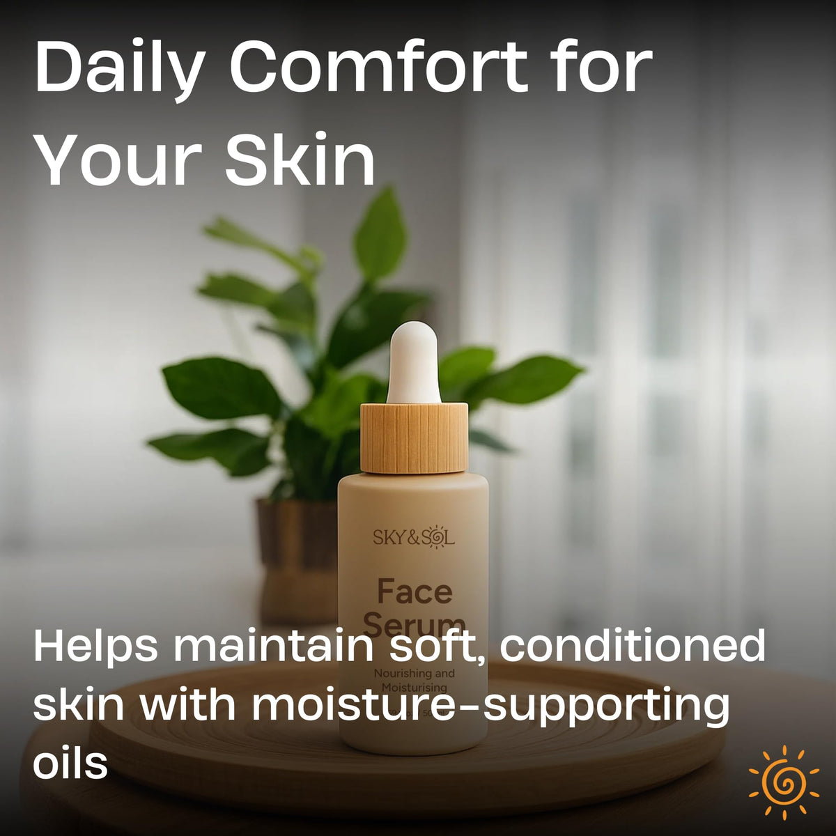 Sky and Sol scale and size 50ml bottle next to coin showing travel-friendly benefit
