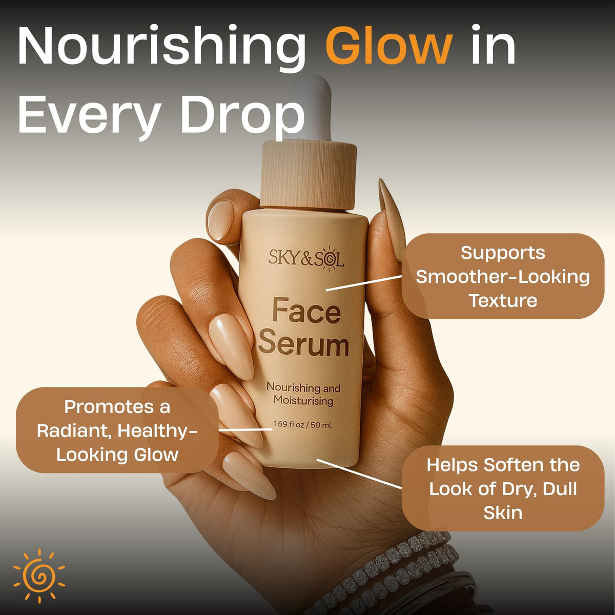 Sky and Sol texture closeup showing serum consistency for quick absorption benefit