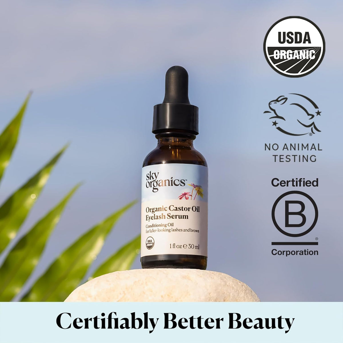Sky Organics label detail with USDA Organic and cruelty-free logos for clean beauty
