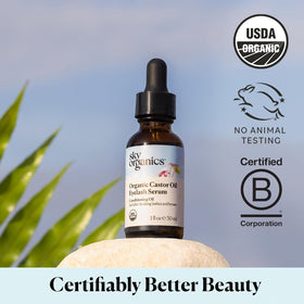 Sky Organics label detail with USDA Organic and cruelty-free logos for clean beauty
