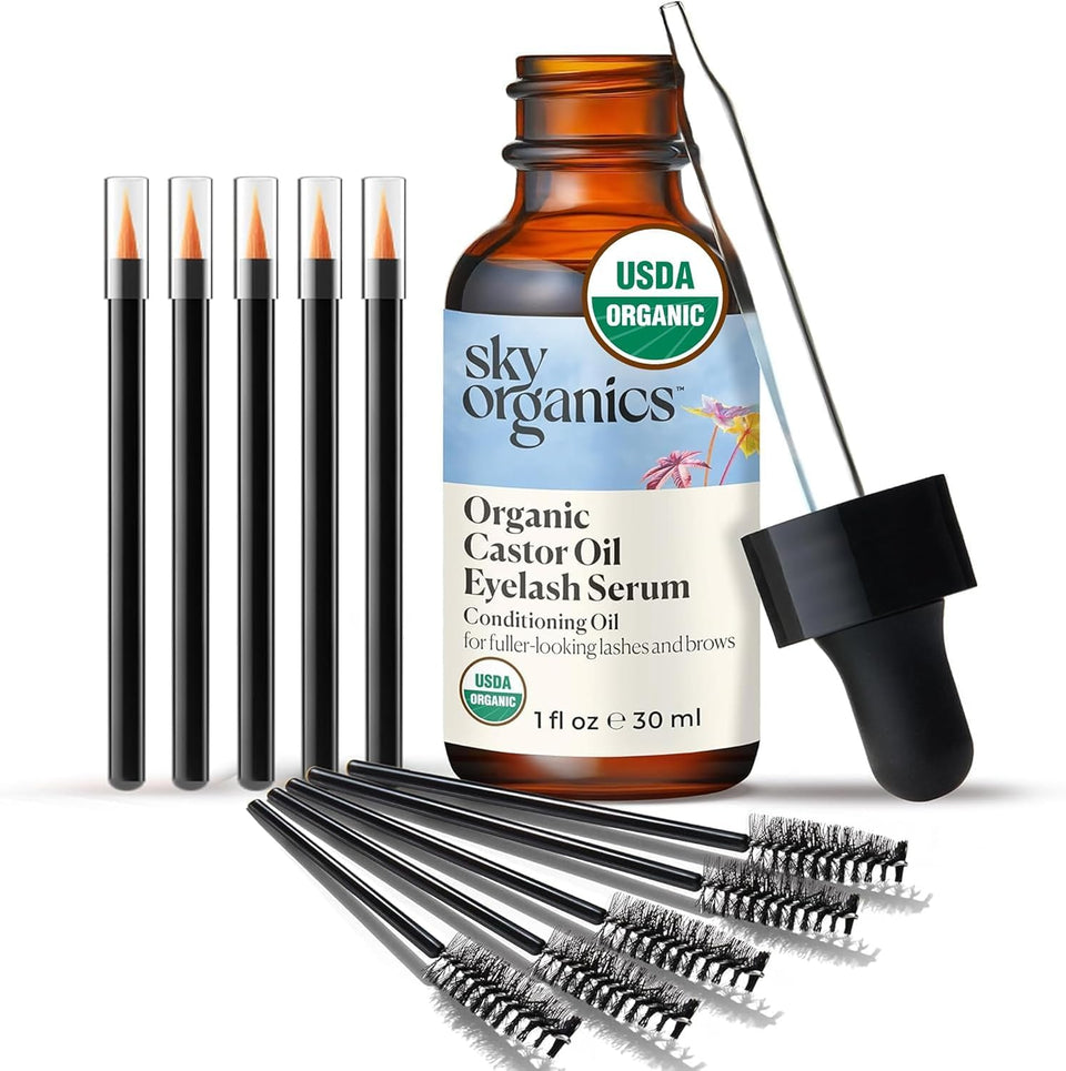 Sky Organics front packaging showing brown glass bottle and organic label benefits