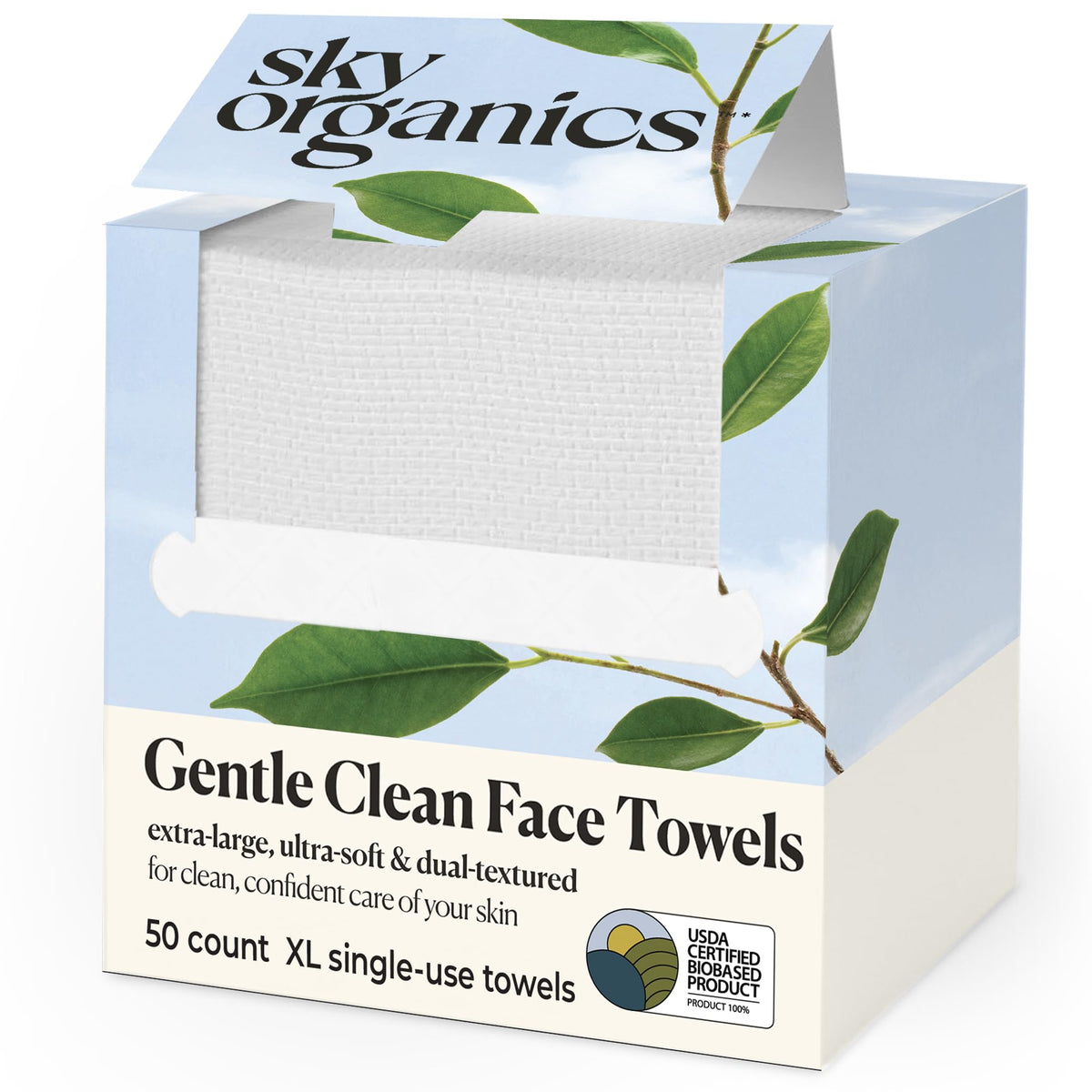 Sky Organics front packaging showing 50 XL towels and product benefits