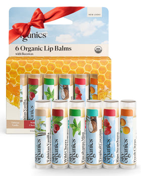 Sky Organics front packaging showing six assorted organic lip balm tubes, easy gifting