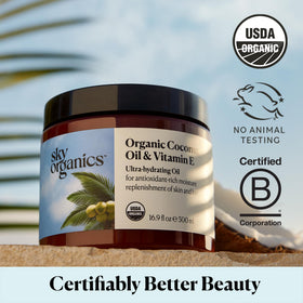 Sky Organics ingredient label detail showing cold-pressed virgin oil and vitamin E