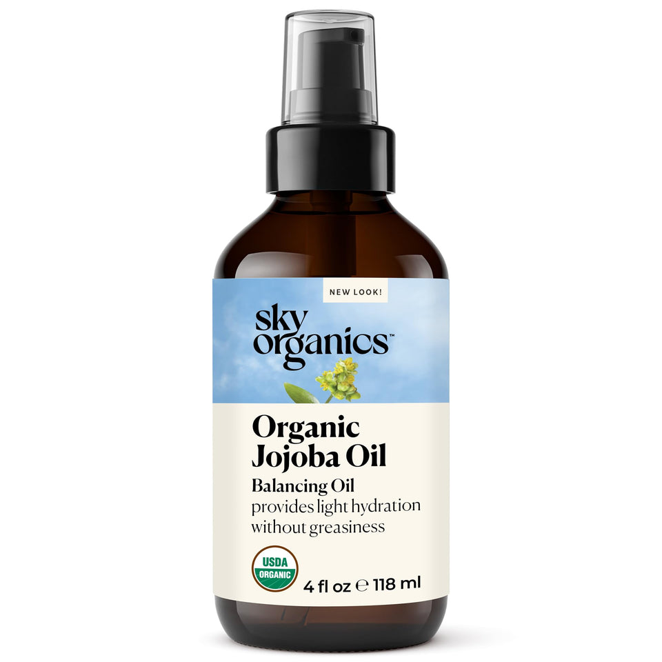 Sky Organics jojoba oil front bottle shows clean organic packaging and benefit