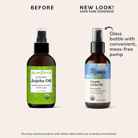 Sky Organics jojoba oil label closeup highlighting organic certification and clarity