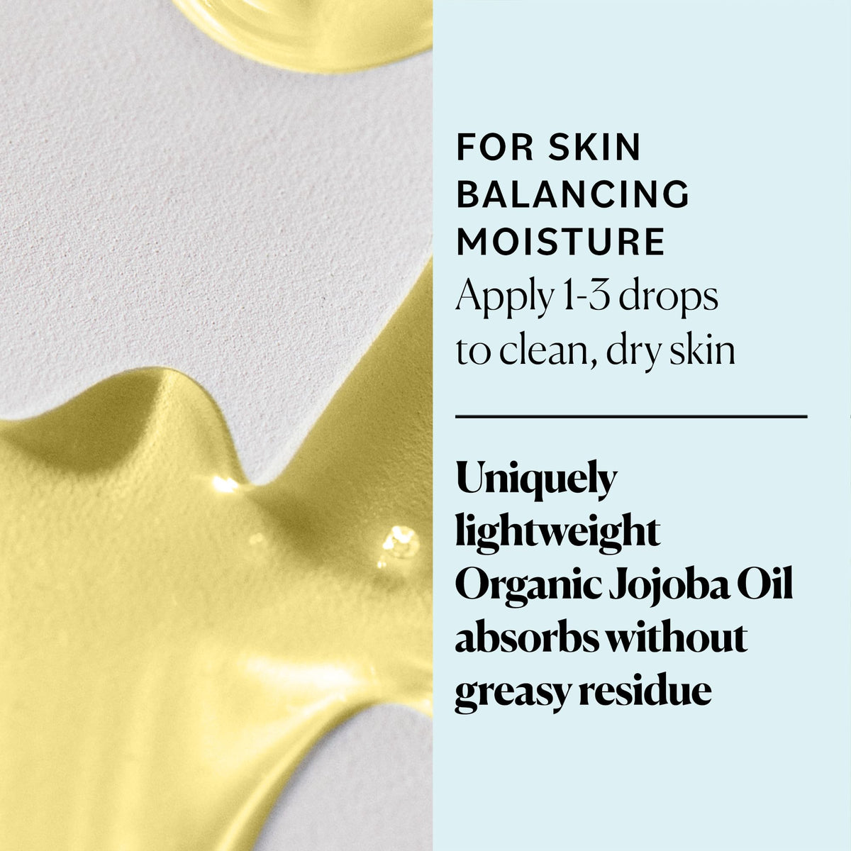 Sky Organics jojoba oil pouring drop demonstrates lightweight texture and absorption