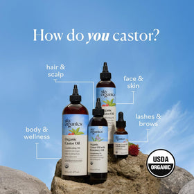 Sky Organics brown glass bottle on bathroom shelf conveying everyday self-care ritual