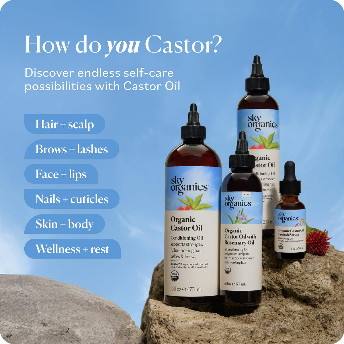Sky Organics bottle on bathroom shelf suggesting natural routine