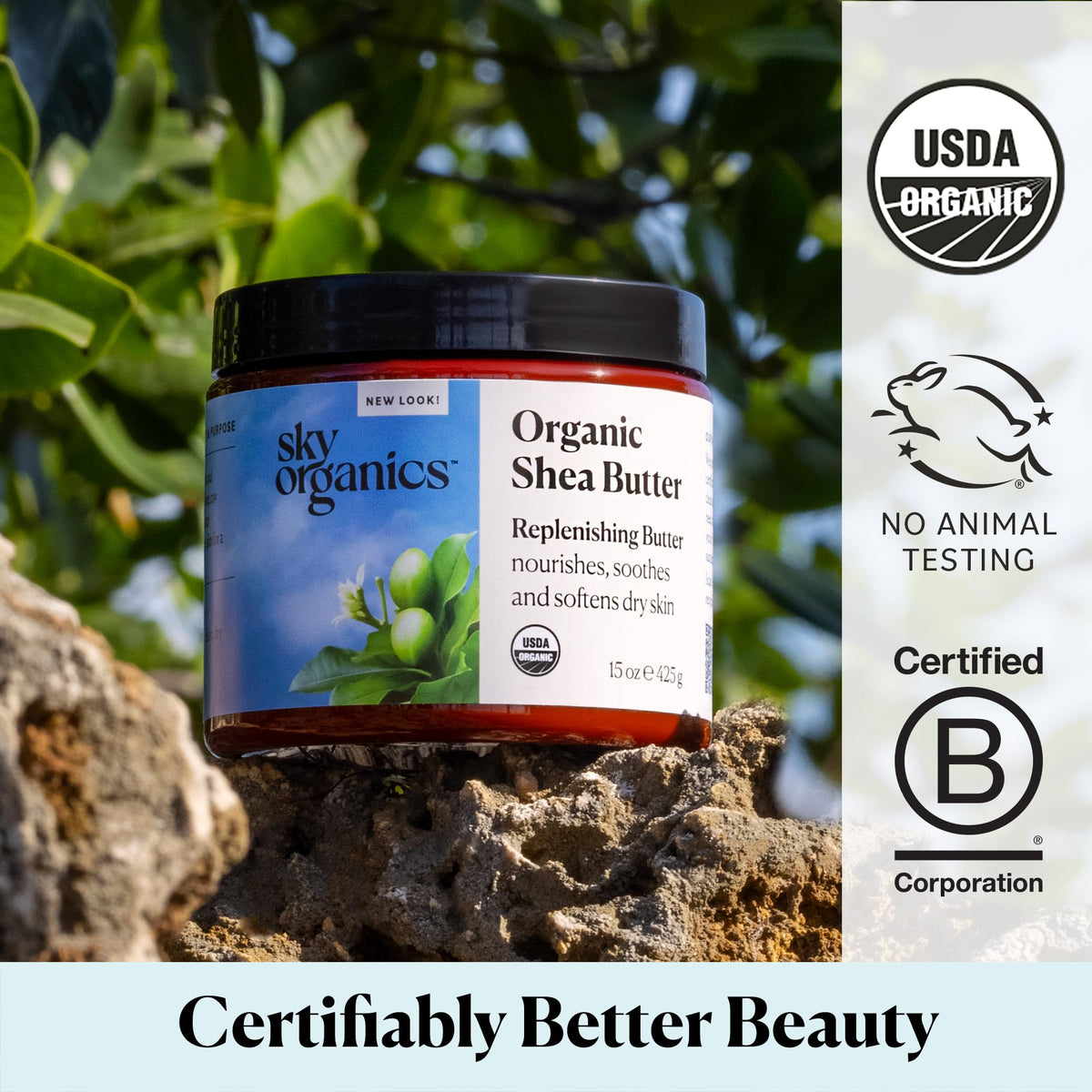 Sky Organics jar in a bathroom setting suggesting self-care and daily use benefit