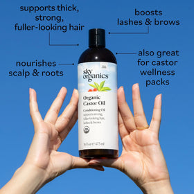 Sky Organics bottle in hand showing 16oz size for extended use