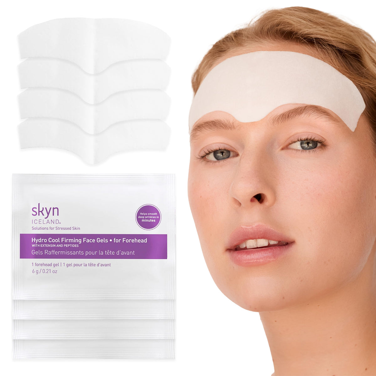 skyn ICELAND front packaging showing four forehead patches and benefits