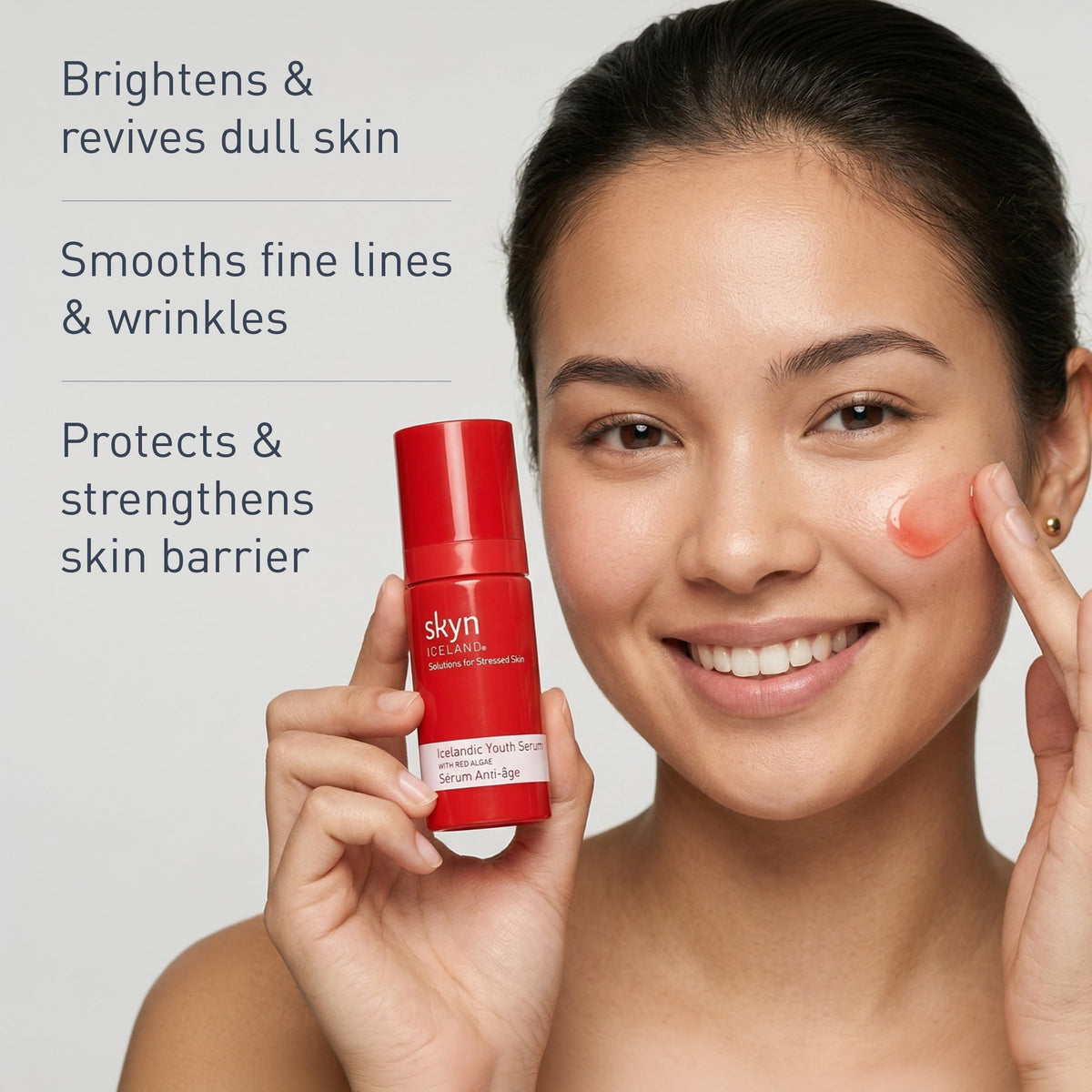skyn ICELAND serum drop on skin demonstrating lightweight absorption benefit