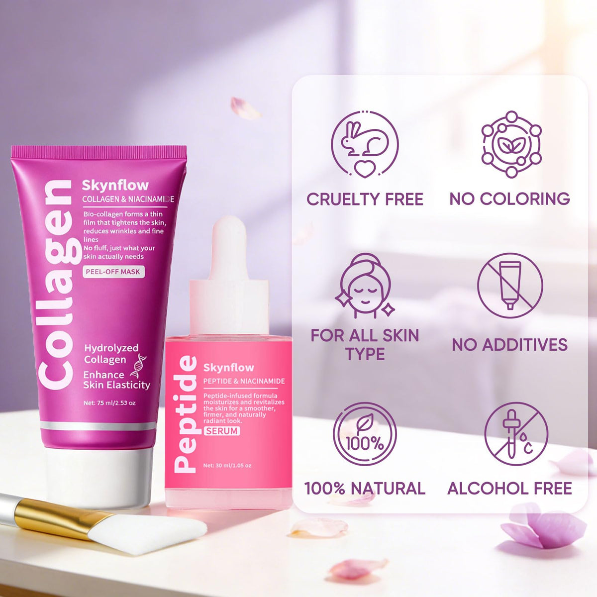 skynflow ingredients label closeup displaying peptides and niacinamide benefit