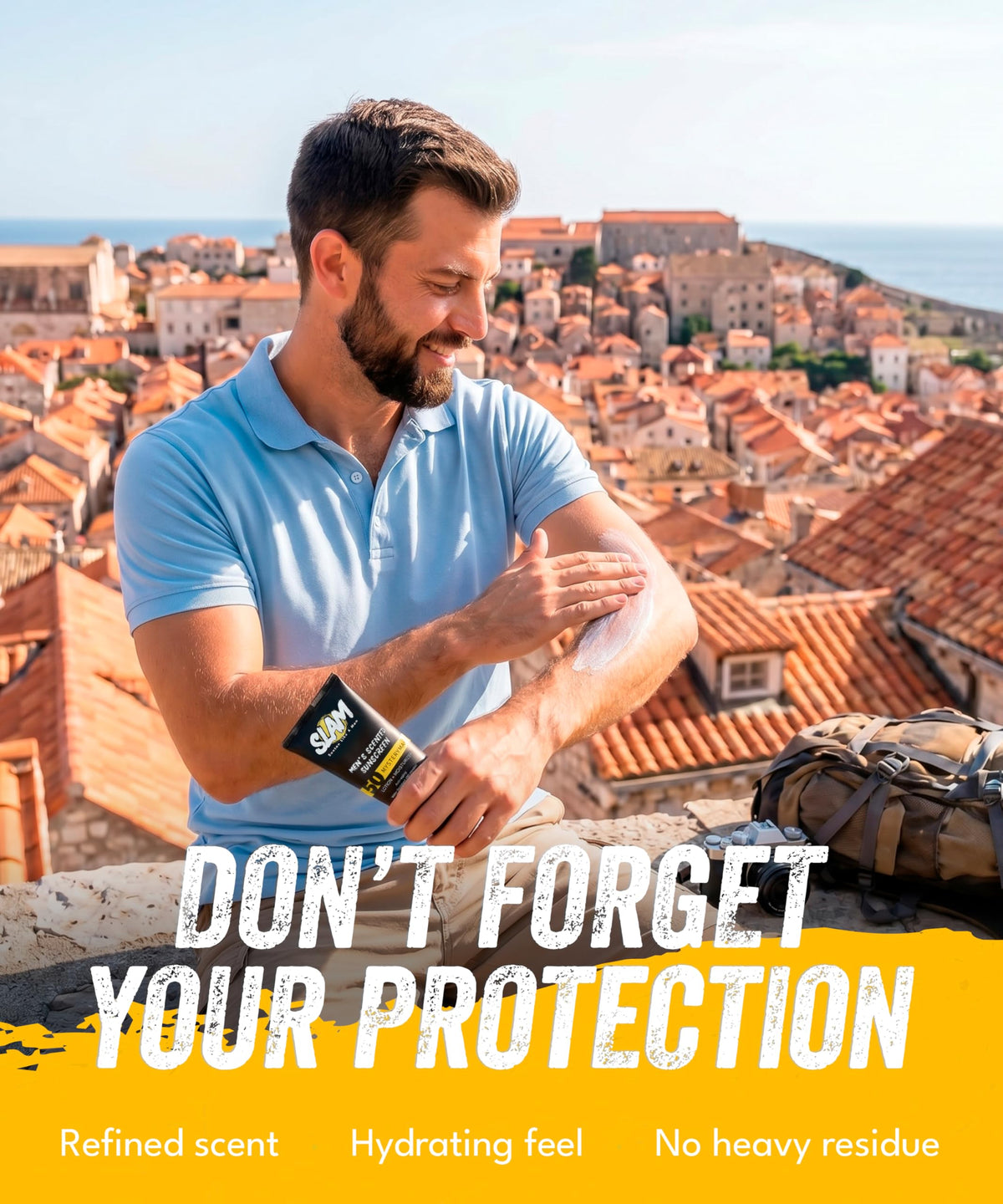 SLAM being applied to face illustrating non-greasy protection benefit