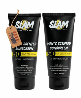 SLAM front packaging showing SPF 50 and sandalwood sage scent benefit