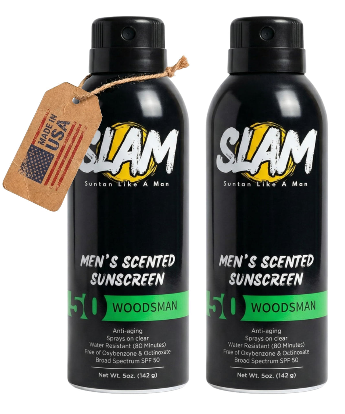 Slam Lotion front packaging showing SPF 50 spray and bold scent benefit