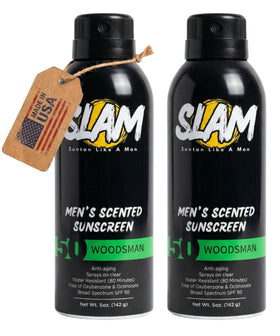 Slam Lotion front packaging showing SPF 50 spray and bold scent benefit