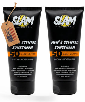 Slam Lotion front packaging showing SPF 50 and scent, clear protection benefit