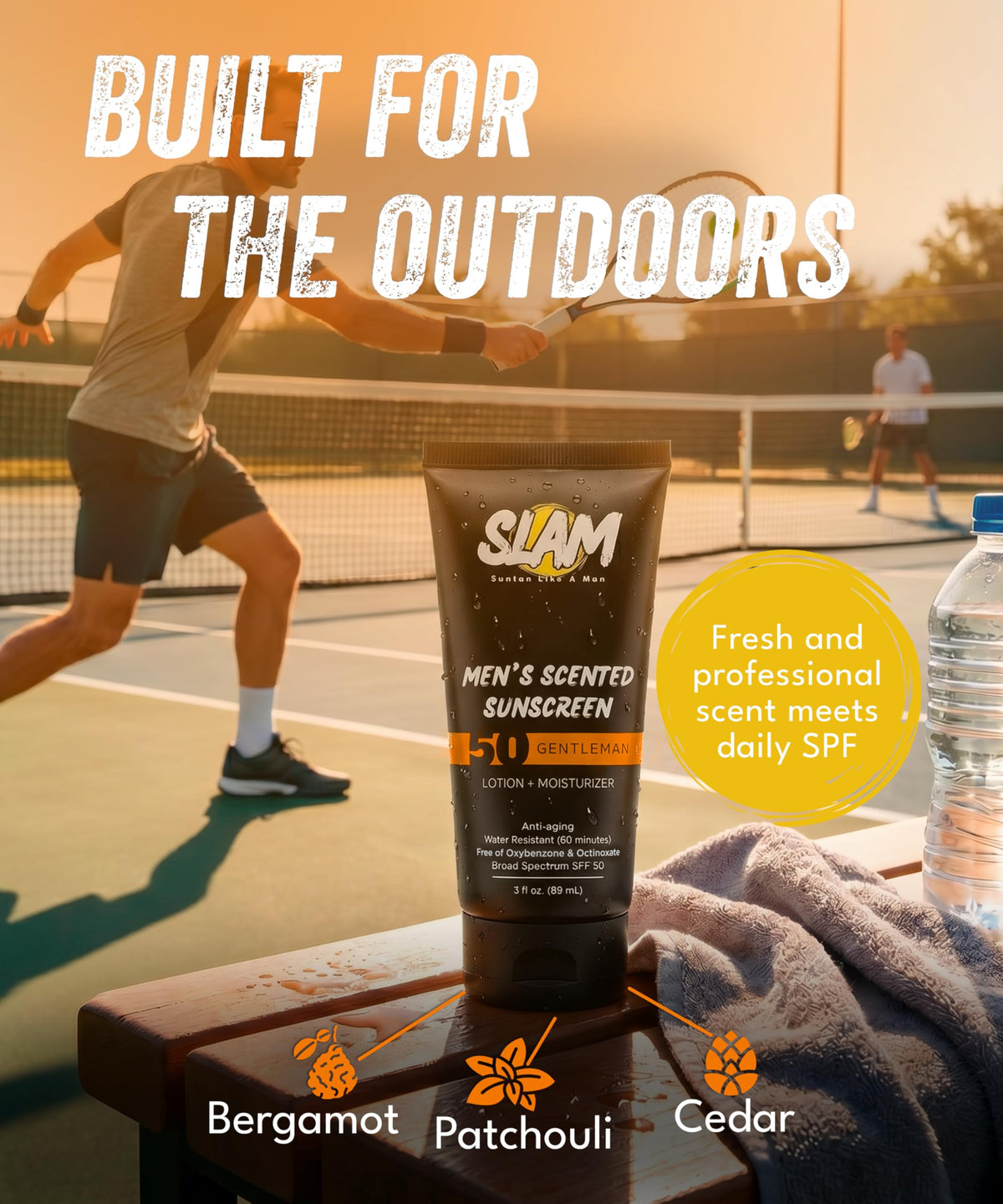 Slam Lotion texture coming from open cap, fast-absorbing benefit visible