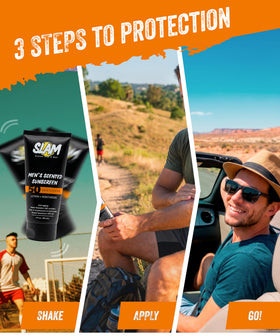 SLAM sunscreen applied to face and neck illustrating no white cast benefit