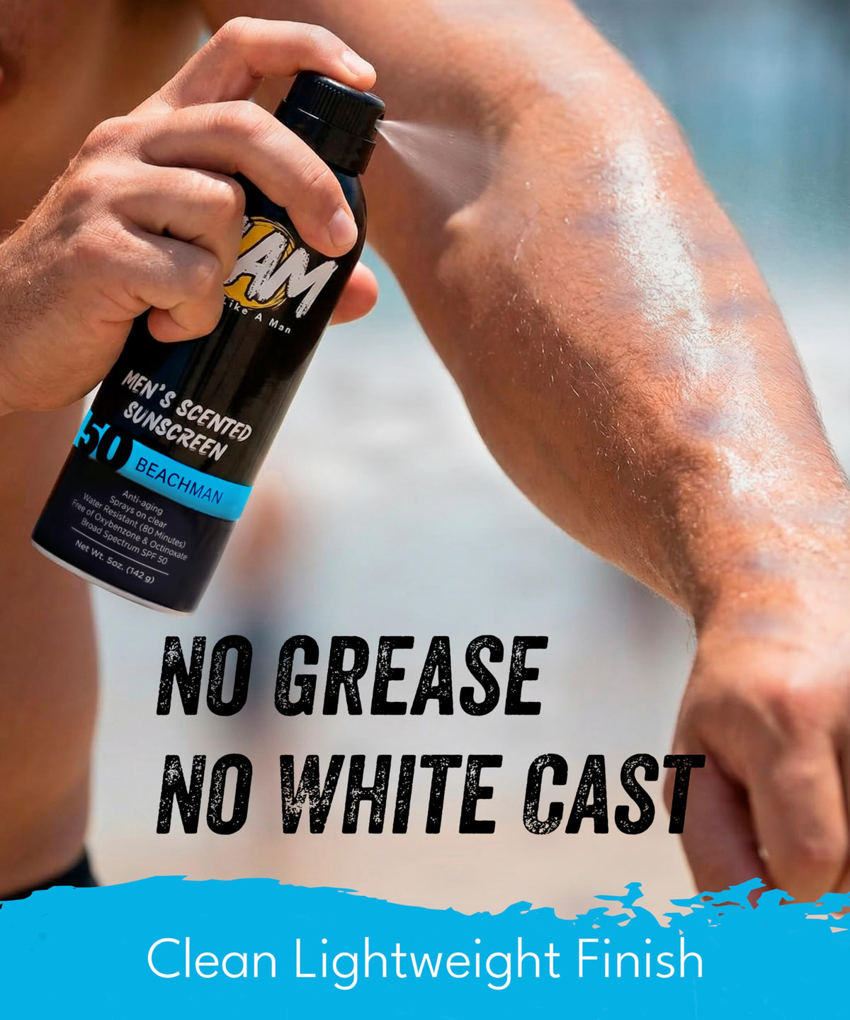 Man applying Slam Lotion on beach for lasting water-resistant coverage