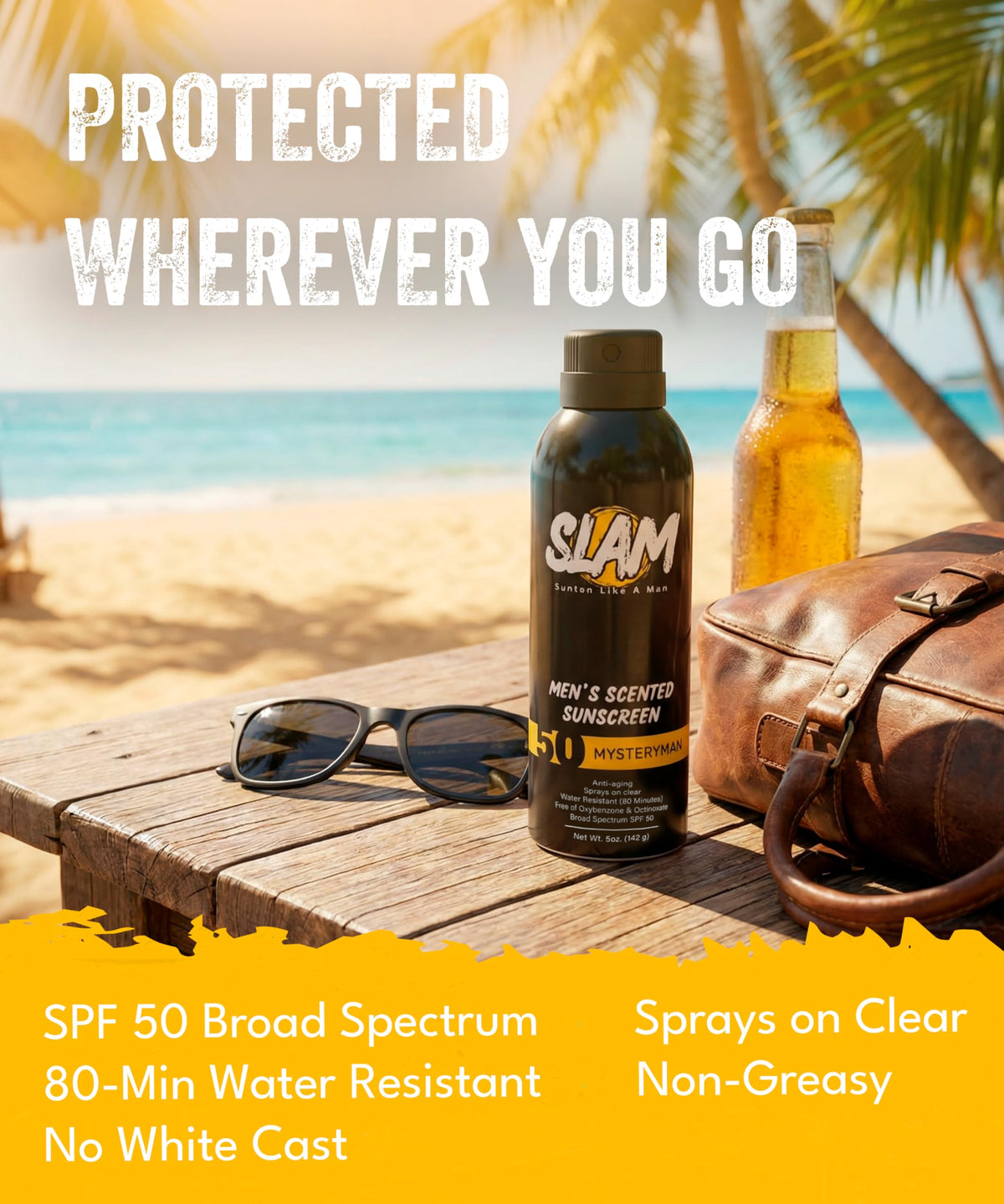 Slam Lotion on a man at the beach showing water-resistant protection