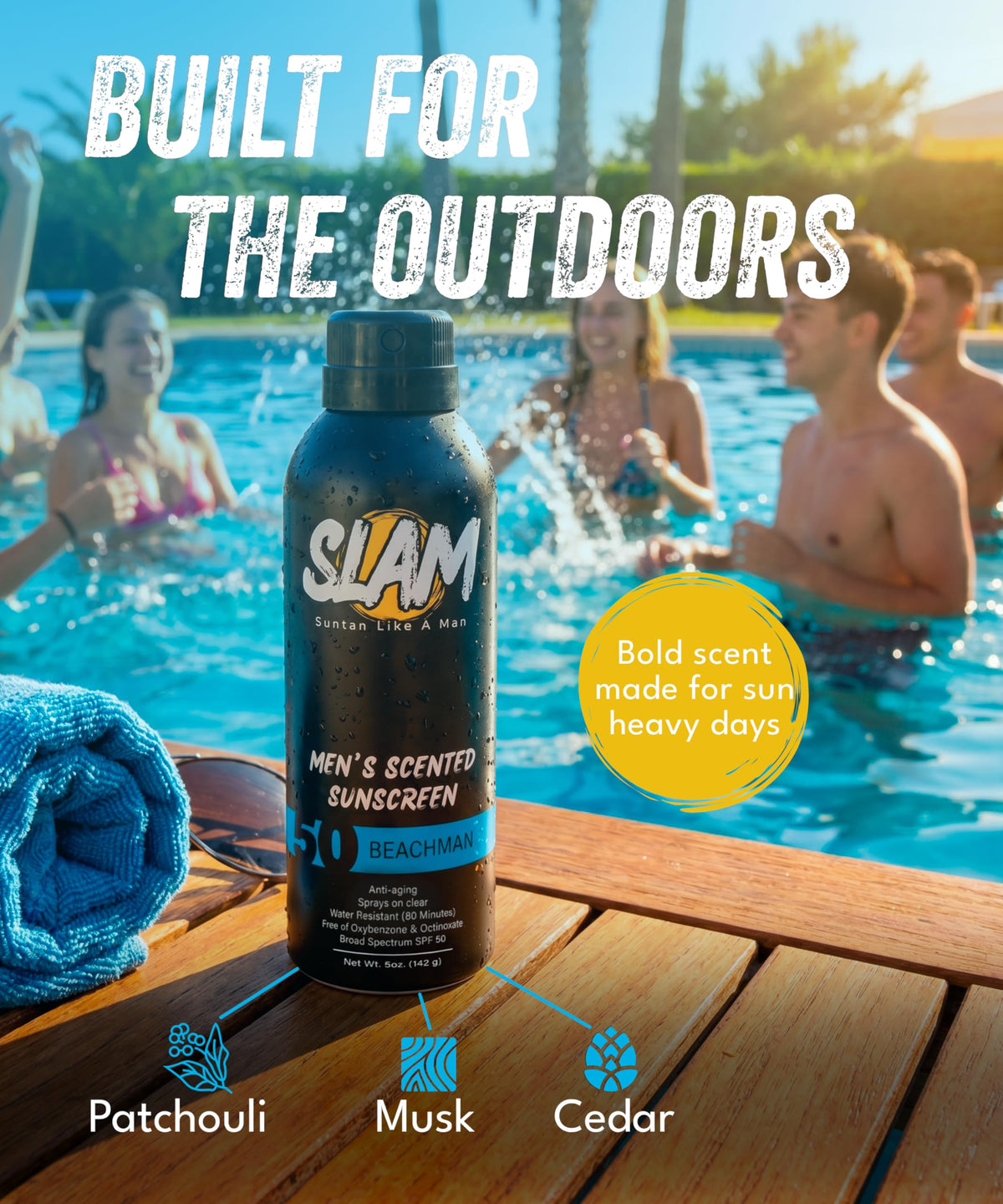 Slam Lotion spray nozzle close-up for fast, even sunscreen coverage