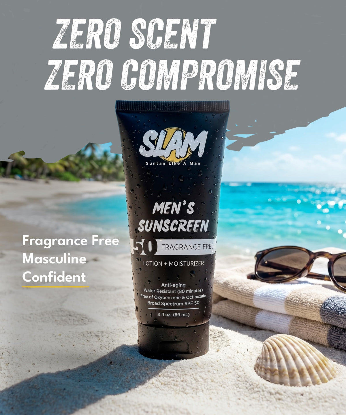 Slam Lotion applied to face within a men's grooming routine for daily protection