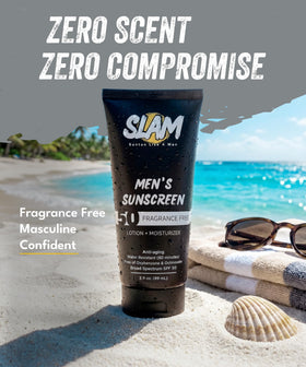 Slam Lotion applied to face within a men's grooming routine for daily protection