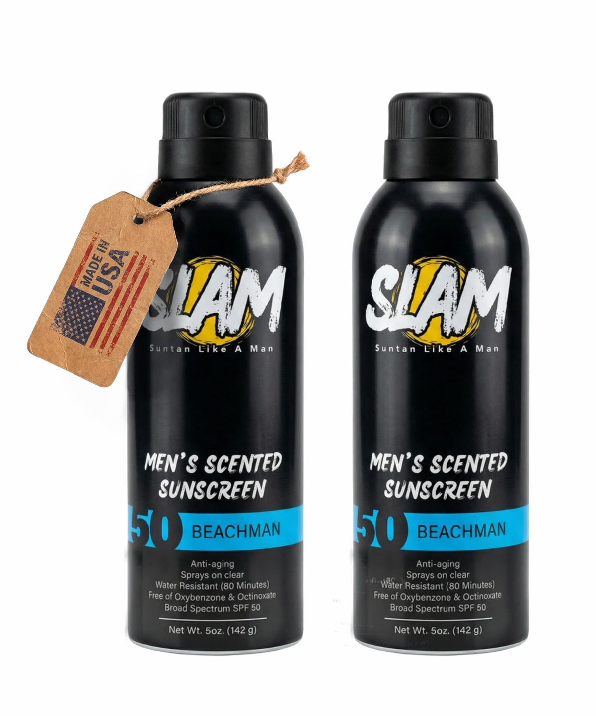 Slam Lotion front packaging showing SPF 50 and cologne scent benefit