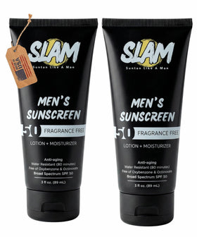 Slam Lotion front packaging showing SPF 50 and clean design for quick recognition