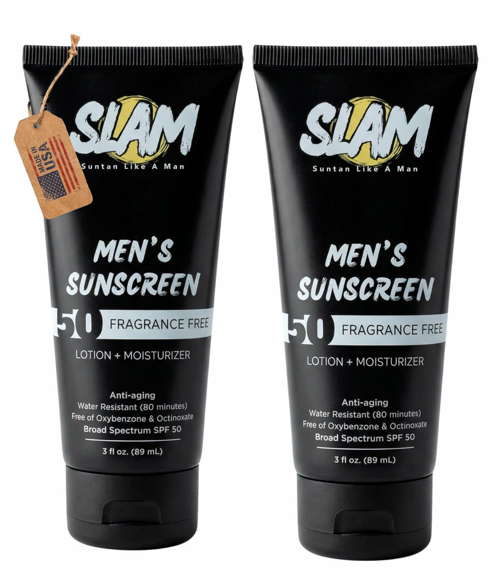 Slam Lotion front packaging showing SPF 50 and clean design for quick recognition