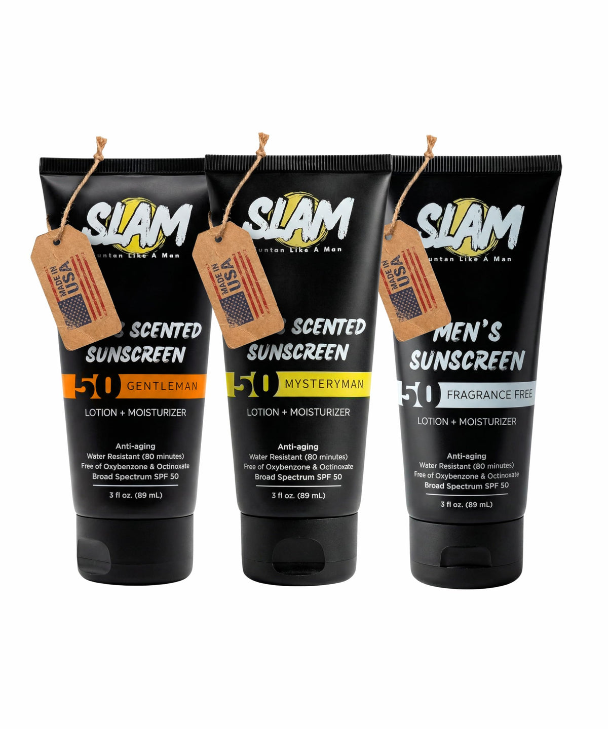 SLAM sunscreen front packaging showing SPF 50 and trio benefit