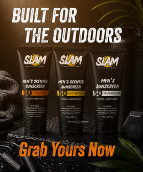 SLAM sunscreen open cap showing lotion texture and quick absorption benefit