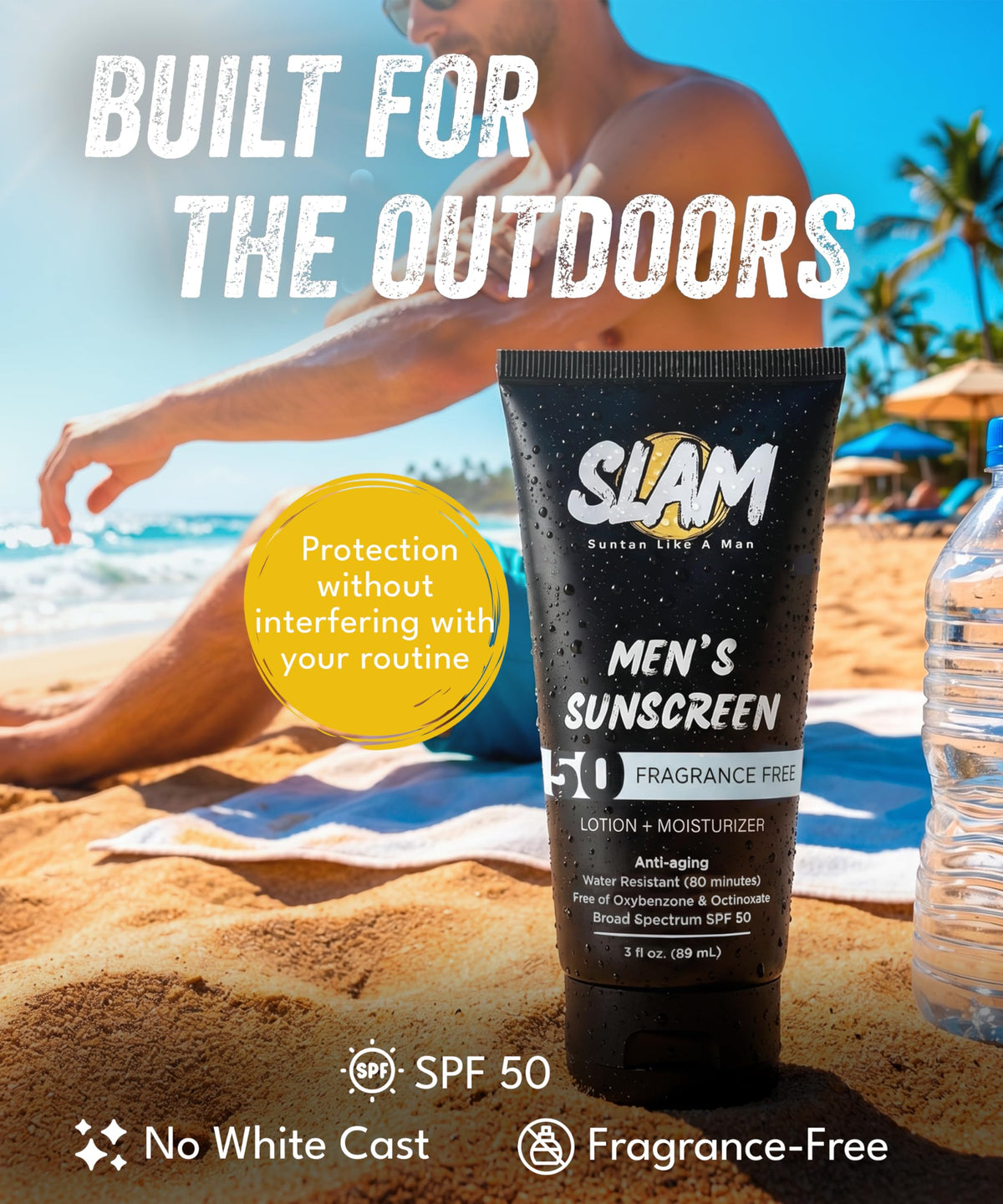 Slam Lotion cap and dispensing detail highlighting easy, no-mess application