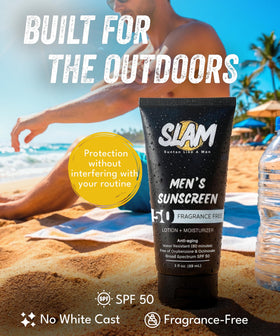 Slam Lotion cap and dispensing detail highlighting easy, no-mess application