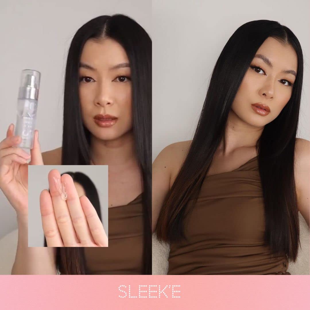 Sleek'e before and after ends showing reduced frizz and smoother finish