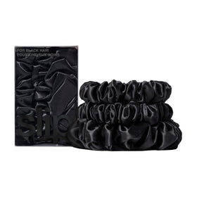 SLIP front view of black silk scrunchie set showing elegant packaging and protection benefit