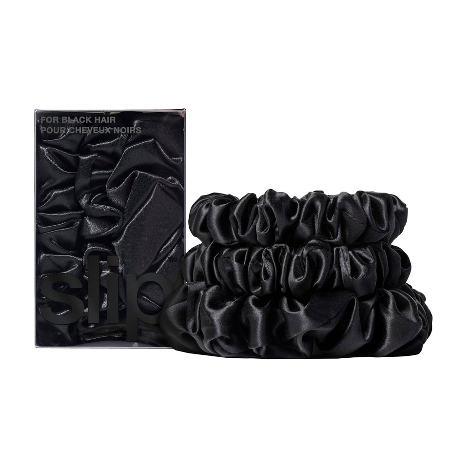 SLIP front view of black silk scrunchie set showing elegant packaging and protection benefit