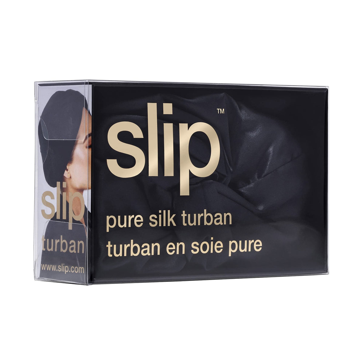 SLIP turban band detail showing adjustable stretch and secure fit benefit