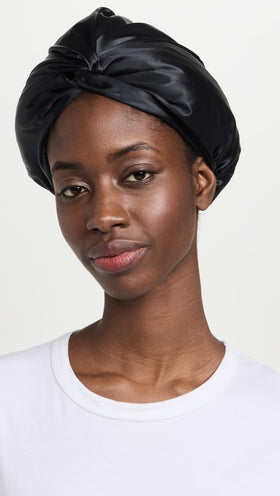 SLIP black turban silk close-up highlighting 22 momme texture and smoothness