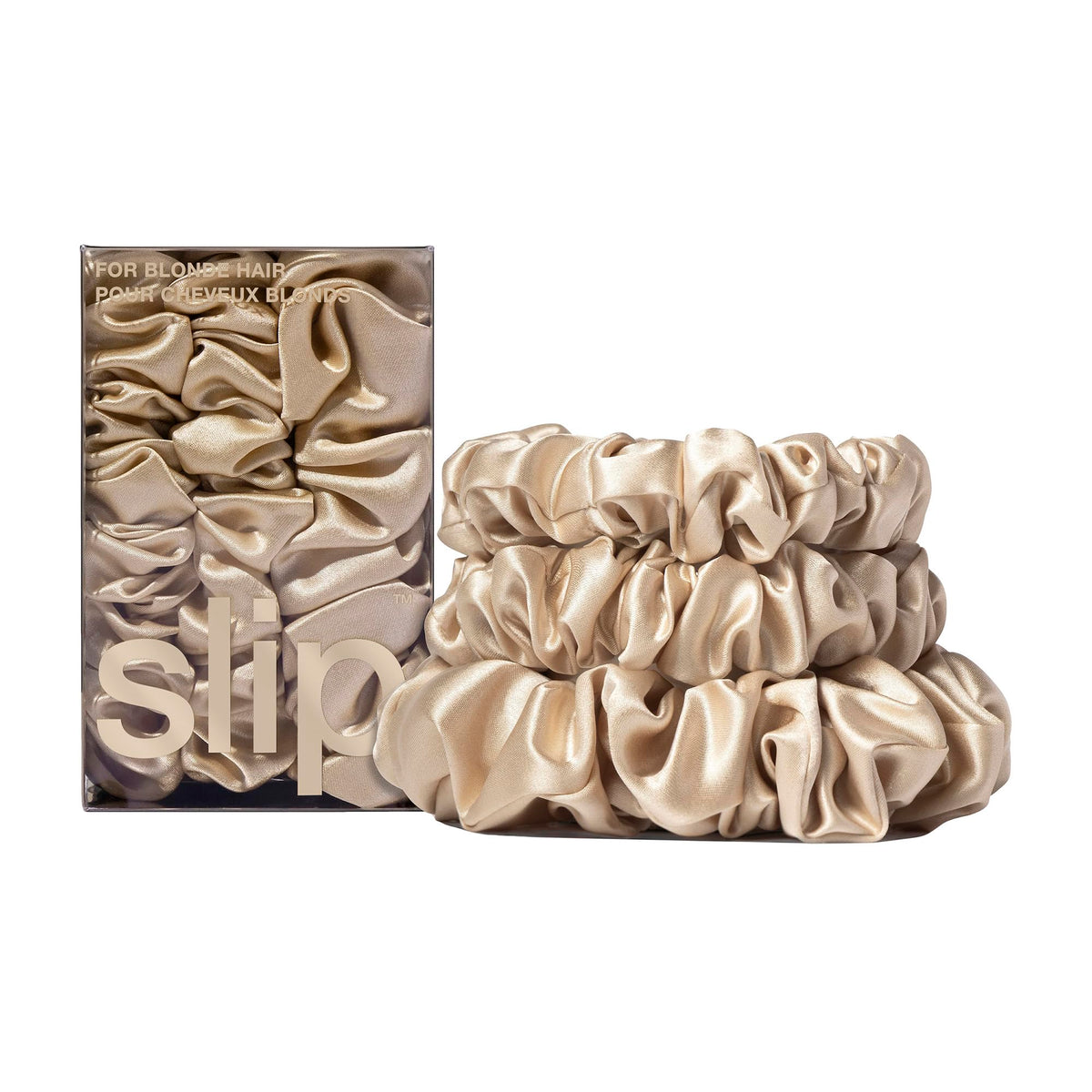 SLIP blonde front packaging showing three silk scrunchies, elegant presentation benefit