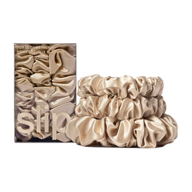 SLIP blonde front packaging showing three silk scrunchies, elegant presentation benefit