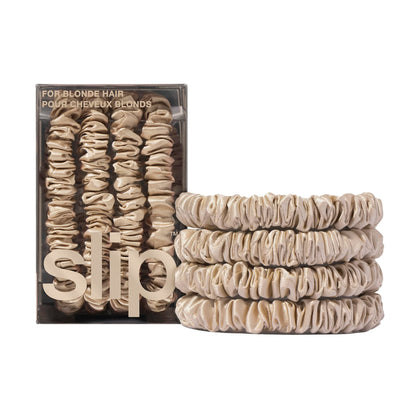 SLIP front packaging showing blonde silk scrunchies and premium presentation benefit